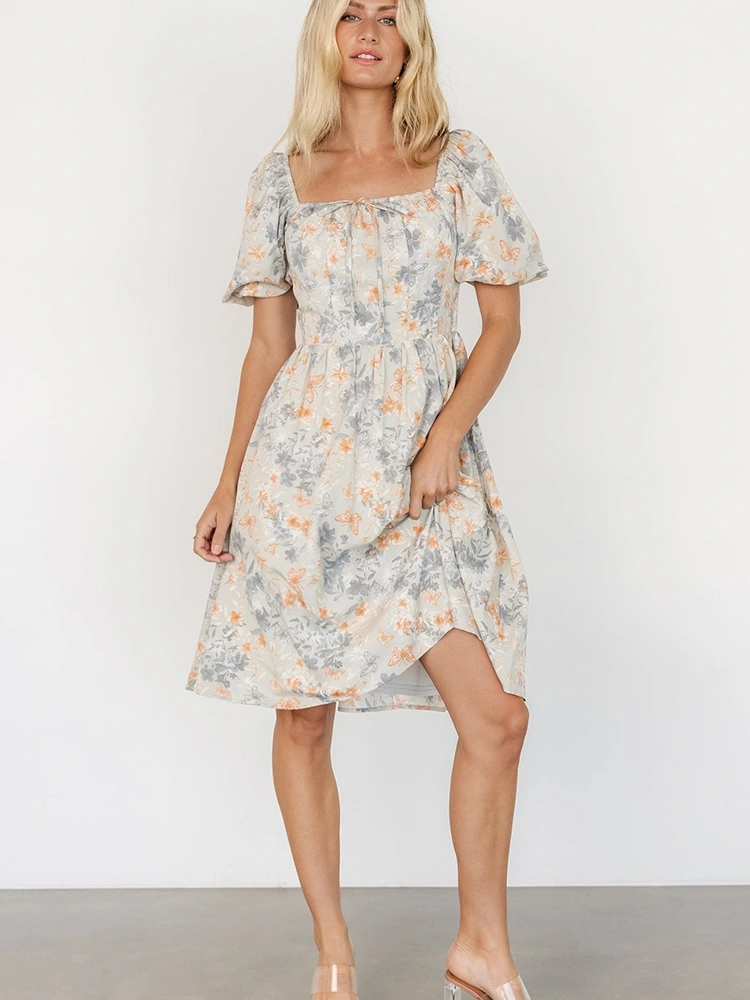 Floralia Print Midi Square Collum Sleeve Dress