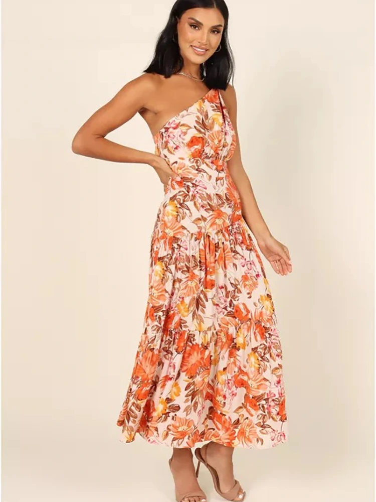 Floralia Print One Humerum Long Dress