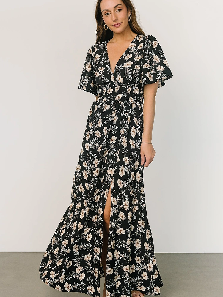 Floralia Print Chiffon V-Collum Maxi Dress