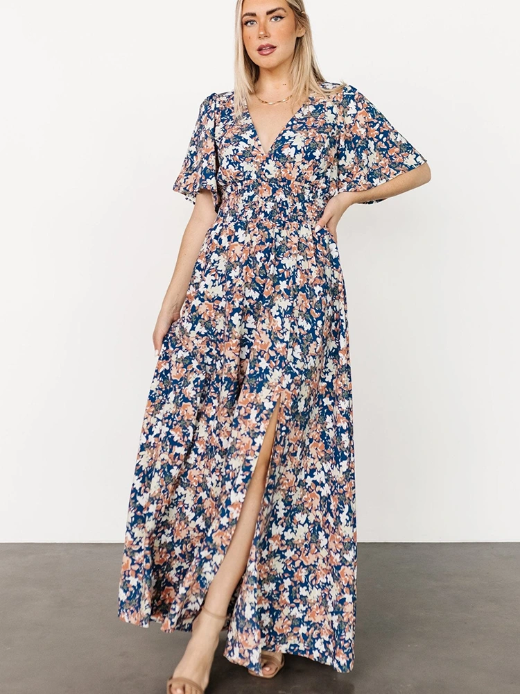 Excudebat Floralis Chiffon V-Collum Brevis Sleeved Maxi Dress