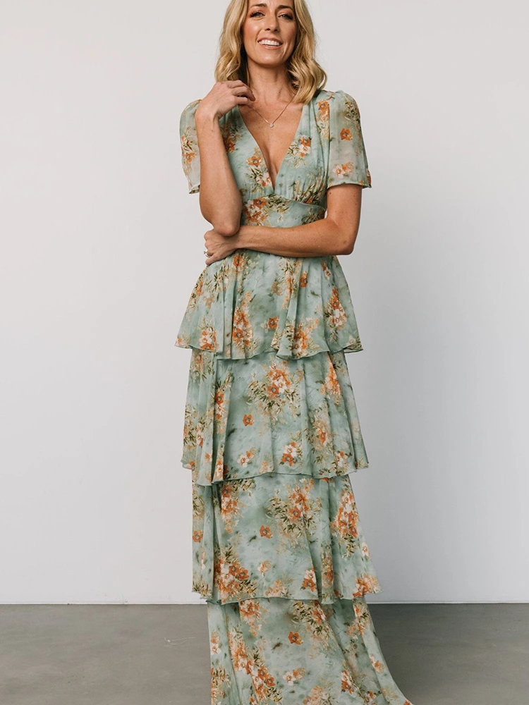 Ruffled Stratum Pleated Print Maxi Dress