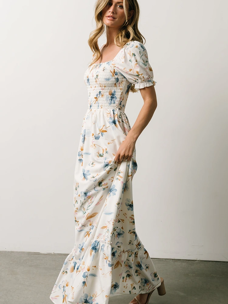 Quadratus Collum Pleated Print Long Dress