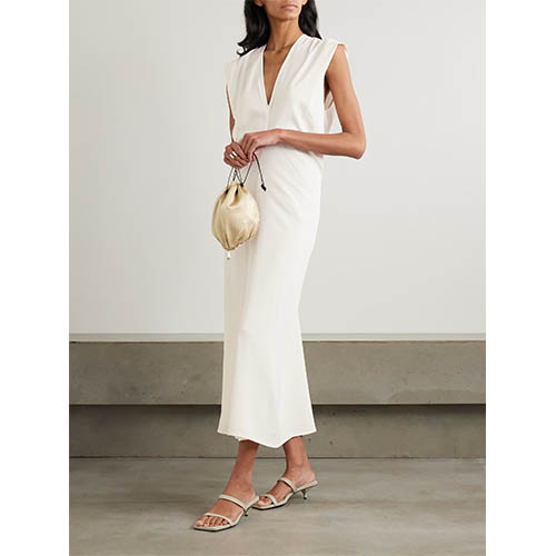 Discriminatim Eburneum manicis Deep V Midi Dress